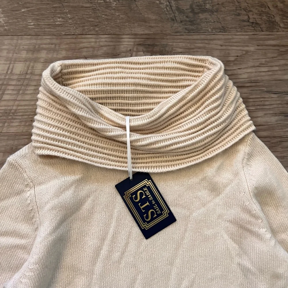 $388 Sail to Sable Cream Cowl Neck Classic Wool Cashmere Tunic Sweater Dress - Picture 2 of 9